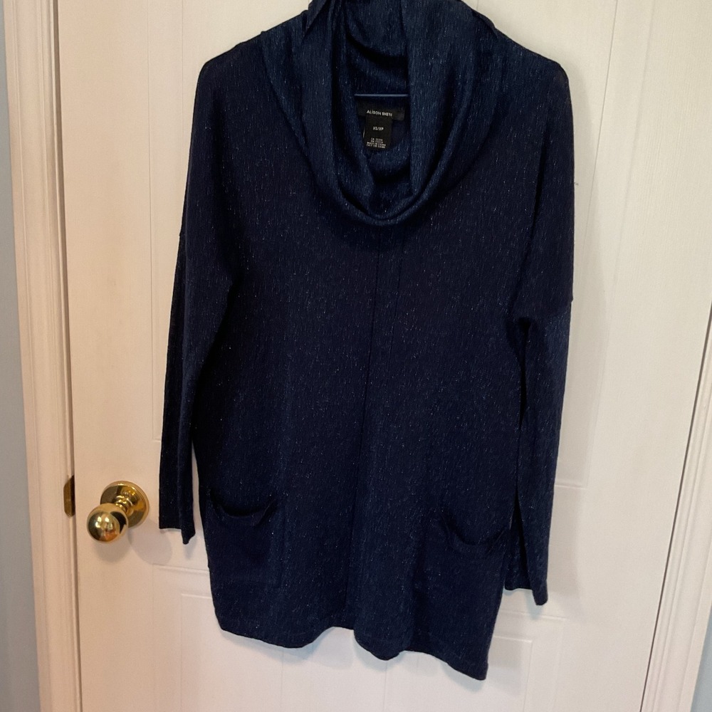 Alison Sheri Cowl Neck Tunic Women XS Navy Blue Excellent Metallic Knit Pockets